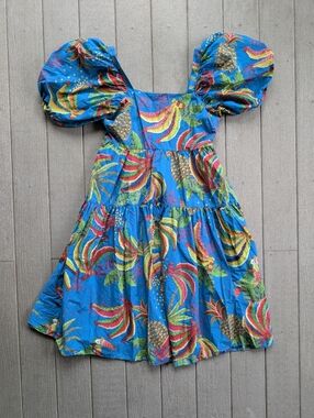 FARM Rio Blue Tropical Puff-Sleeve Maxi Dress 🍌 Vacation/ Resort Wear EUC